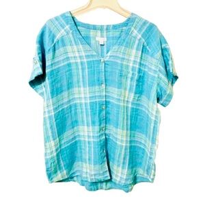 J. Jill Love Linen Button-Up Shirt - Teal/White - 100% Linen - Size M